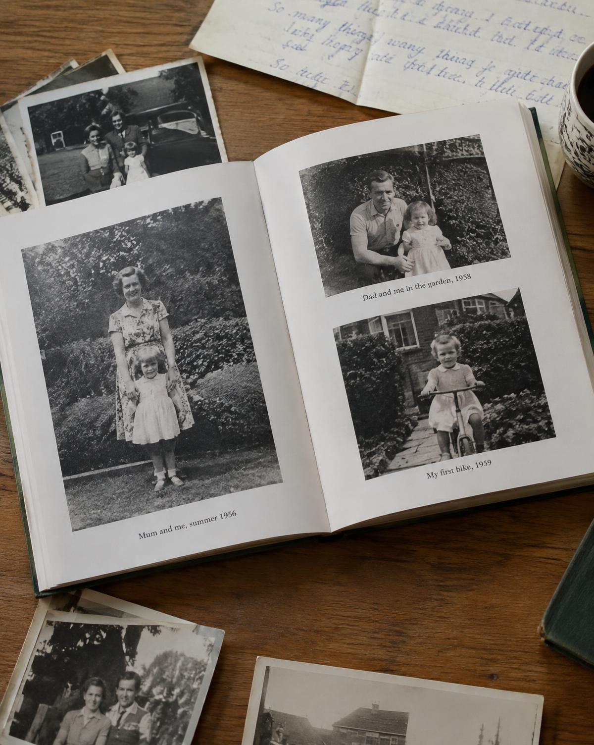 An open heirloom photo book with letters and pressed flowers