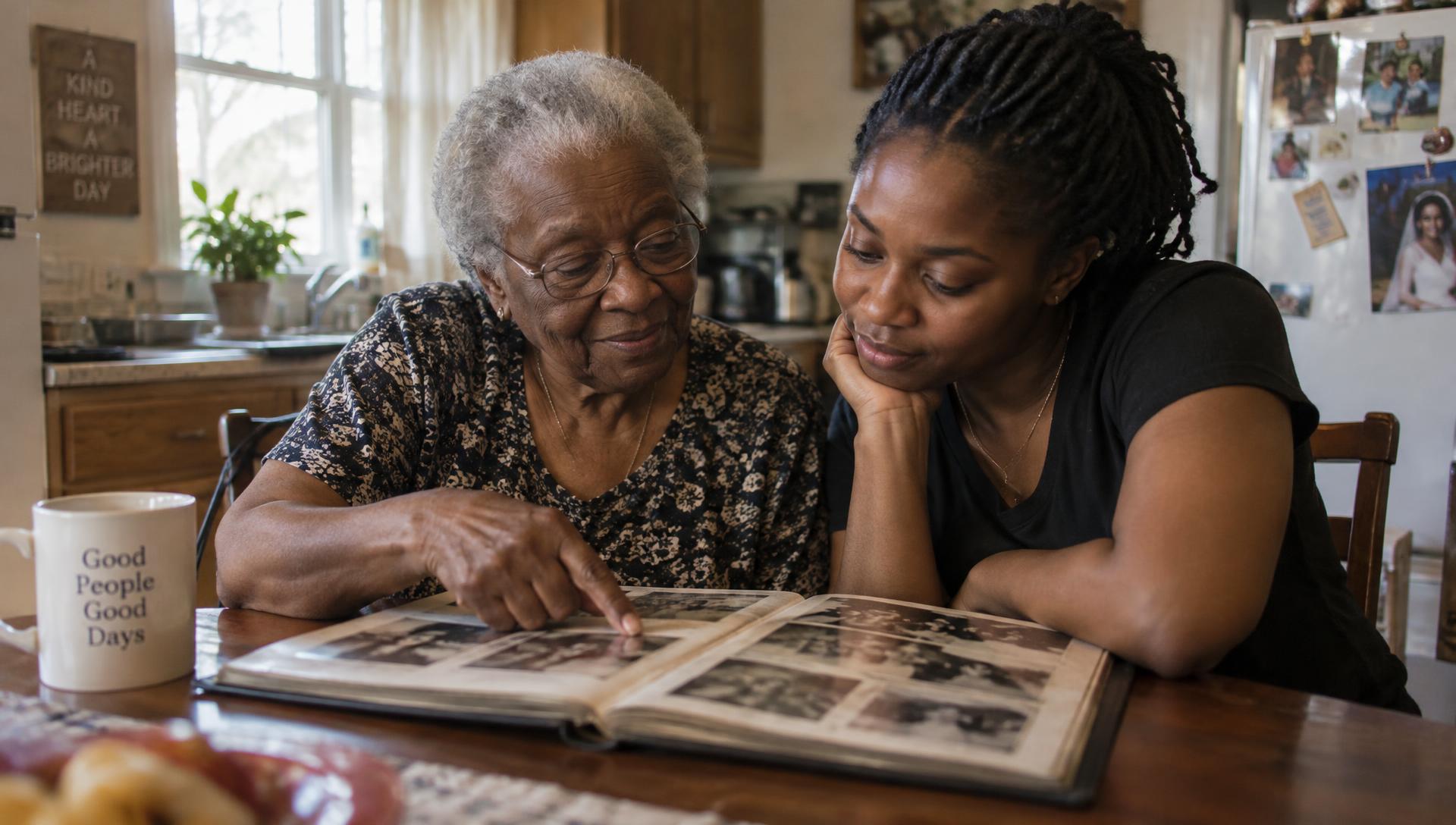 A grandmother sharing a family photo album with her granddaughter