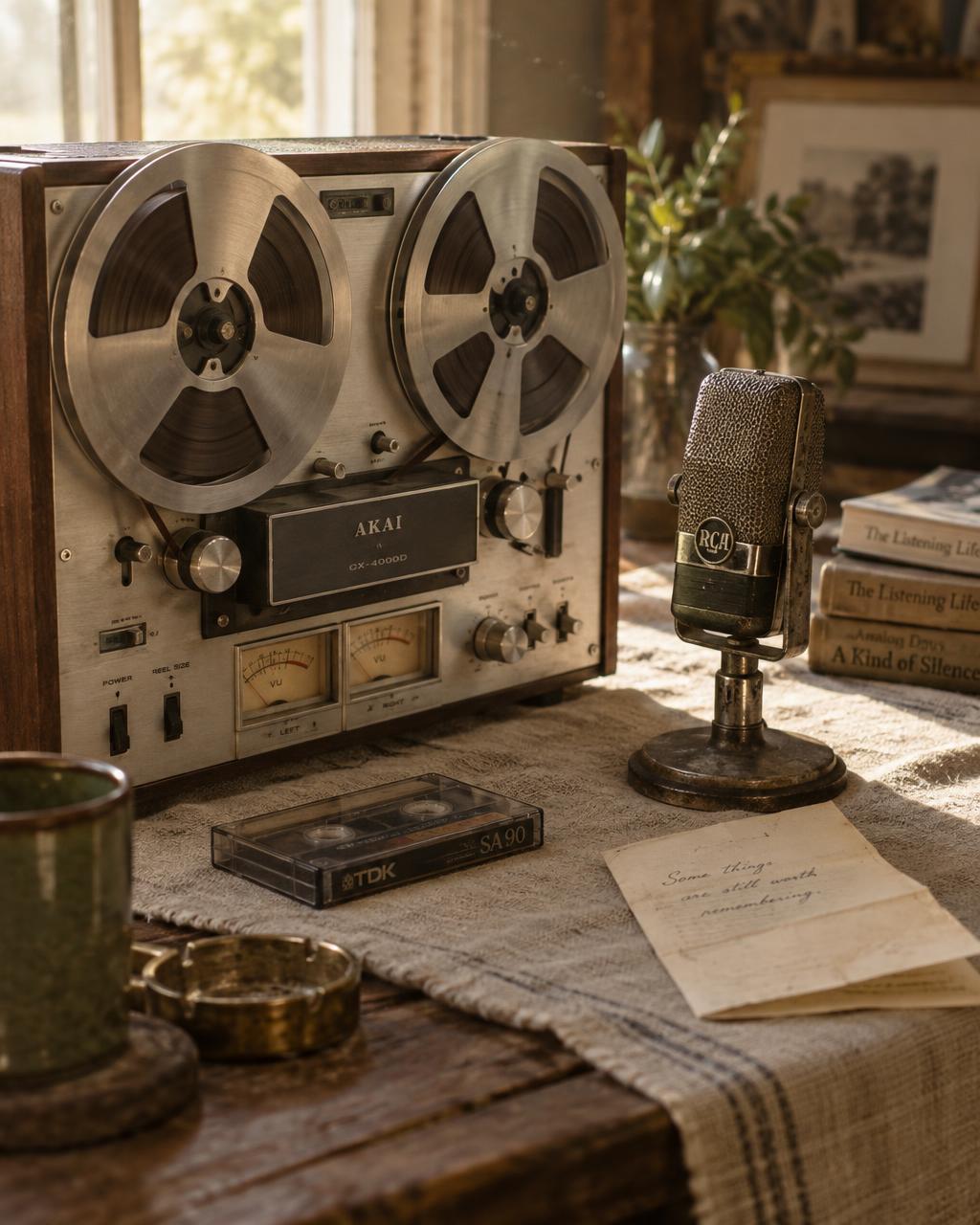 A vintage reel-to-reel tape recorder and ribbon microphone on a linen-covered table
