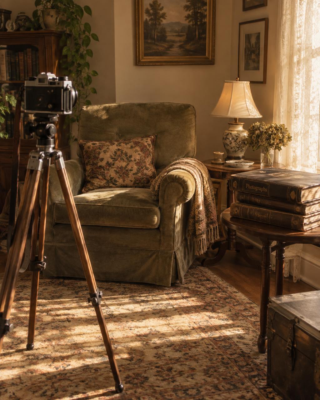 A vintage camera on a wooden tripod facing an armchair in a sunlit room