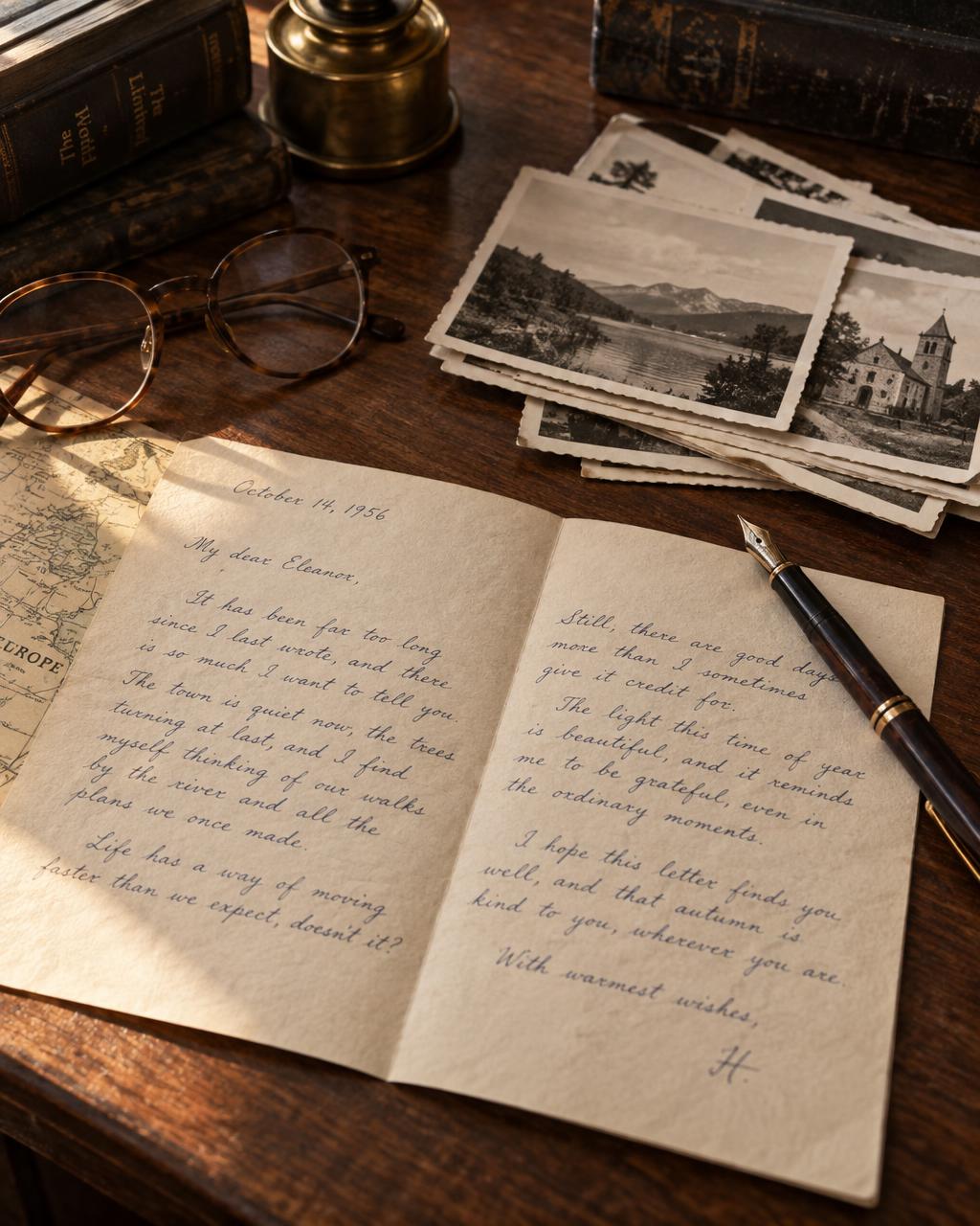 A handwritten letter, fountain pen and vintage landscape photographs on a wooden desk